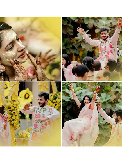 A collage of happy moments from a Haldi ceremony. From applying the turmeric paste to dancing with joy, we capture the essence of this beautiful pre-wedding ritual.