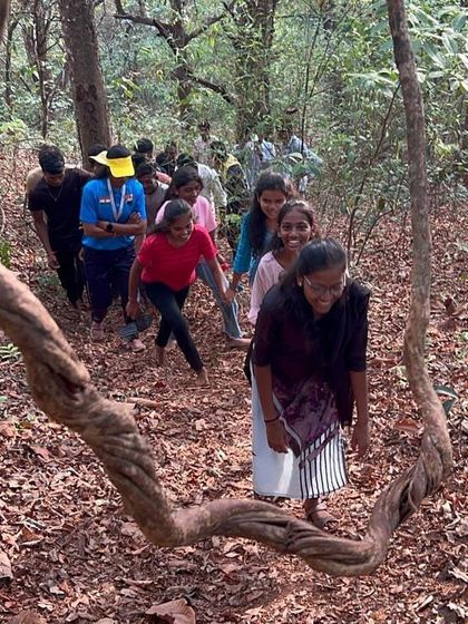 Participants navigate a forest path with unique, twisted vines during a nature walk at the Dandeli camp.