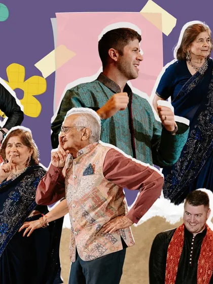 The joy of family participation. This collage highlights the fun expressions and dance moves of family members of all ages, who all learned their parts online for this US-based wedding.