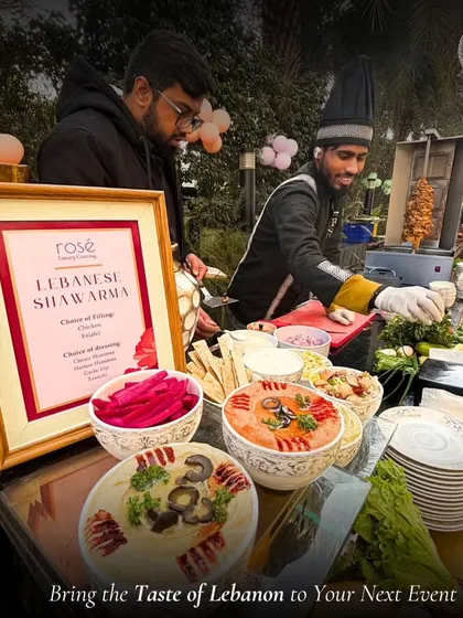 We bring the authentic taste of Lebanon to your event with our live Shawarma station. Our chef carves succulent, marinated chicken while guests customize their wraps with fresh salads, pickles, and creamy garlic sauce.