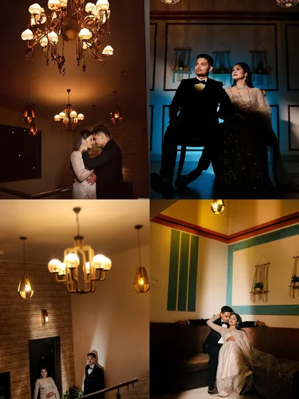 A collage showcasing the variety within a single glamorous pre-wedding shoot. From dramatic, low-light portraits with chandeliers to stylishly posed shots, I can create a whole cinematic experience.