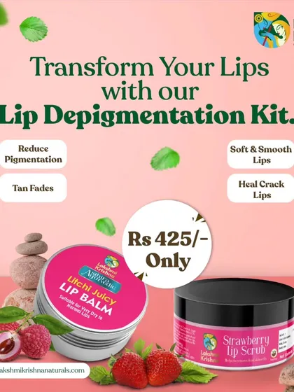 Transform your lips with our Lip Depigmentation Kit. This graphic details the benefits of our Strawberry Lip Scrub and Litchi Lip Balm, which work together to reduce pigmentation, fade tan, and heal cracked lips.