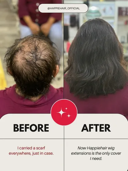 Many of our clients tell us they used to carry a scarf everywhere 'just in case'. Now, their Happie Hair piece is the only cover they need, giving them freedom from worry.