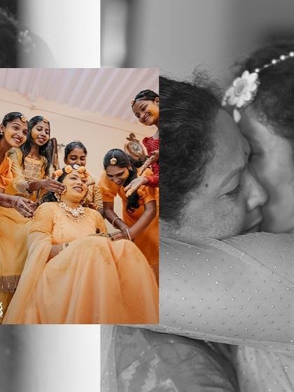 A heartwarming collage that blends the fun of the bride with her friends and a tender moment with her mother during the Haldi.