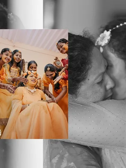 A heartwarming collage that blends the fun of the bride with her friends and a tender moment with her mother during the Haldi.