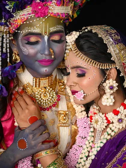 An intimate and artistic close-up of Radha and Krishna.