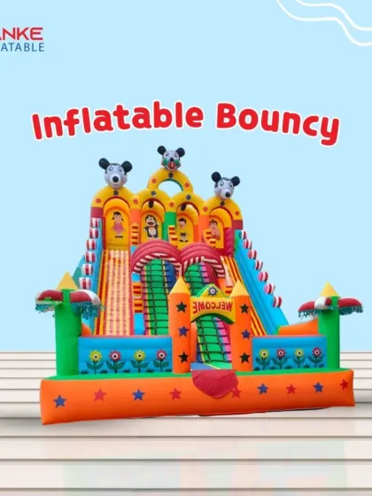 This is a graphic of one of our large, castle-style Mickey Mouse bouncies. It has multiple towers and a slide, all in one structure.
