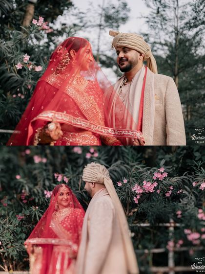 A collage of a couple during their morning wedding. The soft light and blooming flowers in the background add a romantic touch to their portraits.