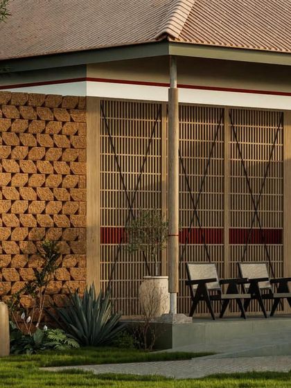 The conceptual design includes serene outdoor seating areas, sheltered by the building's form and surrounded by landscape.