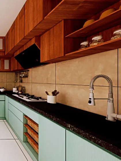 The kitchen combines warm wood overhead cabinets with cool mint-green lower cabinets, adding a touch of color. The design is clean and efficient, with everything within easy reach.