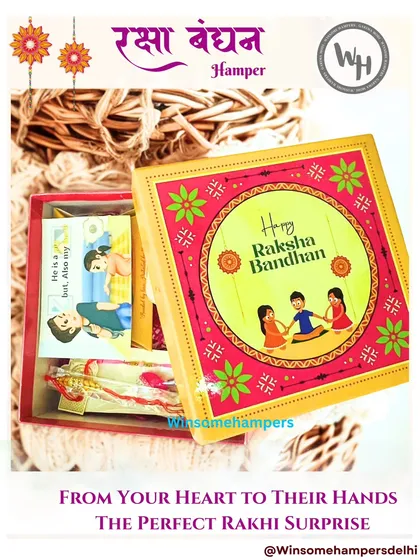 A heartfelt Rakhi surprise, beautifully packaged in a festive box. This hamper is designed to be a warm gesture from your heart to their hands, containing all the essentials for a sweet and memorable Raksha Bandhan.