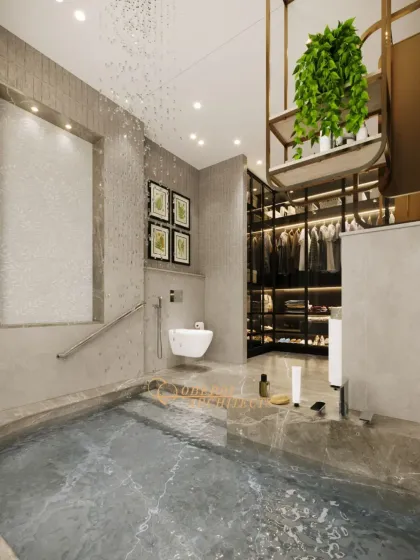 We designed this bathroom as a private spa, featuring a custom sunken bath with a cascading rain shower. It is a sanctuary where refined details and soothing tones turn everyday rituals into indulgent moments.