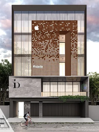 This is a 3D visualization for an upcoming commercial project, showcasing a façade of glass and perforated corten steel. We used parametric design principles to create a unique visual pattern that controls light and gives the building a distinct modern identity.