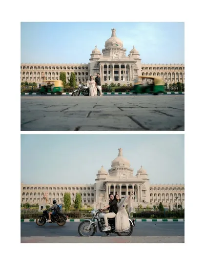 Capturing the motion and energy of the city around the couple. The blurred traffic adds a dynamic element to these shots, making the couple the calm center of a bustling world.