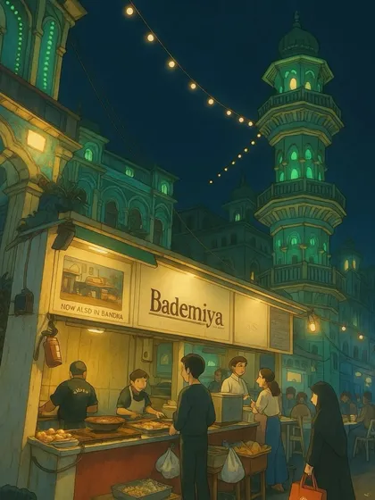An artist's vision of a night at Bademiya. This beautiful illustration captures the timeless charm of our Minara Masjid stall.