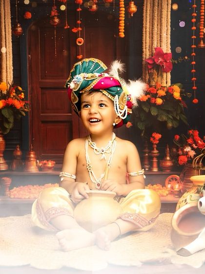 The complete scene with a toy cow, adding another traditional element to the Little Krishna setup.