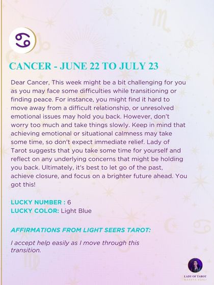 A weekly tarot prediction for Cancer about the difficulty of transitioning or finding peace. This reading suggests taking time for yourself to reflect and focus on a brighter future.