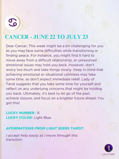 A weekly tarot prediction for Cancer. This week might be challenging as you transition or find peace. Let go of the past, achieve closure, and focus on a brighter future.