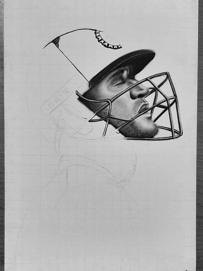 A step-by-step look at my tribute portrait of MS Dhoni. These images show the meticulous work of drawing the helmet, face, and jersey details over 90 hours.