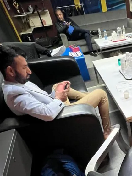 Cheteshwar Pujara enjoying a moment of downtime in the lounge at Star Office, where we provided catering throughout the World Cup.