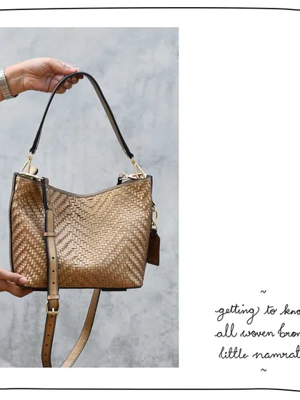 The All Woven Bronze Little Namrata is a beautifully crafted bag with a unique chevron weaving pattern.