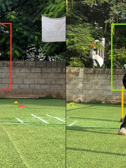 The 'after' shot shows a much-improved upper body finish line. This not only makes his action safer but also more efficient in transferring energy.