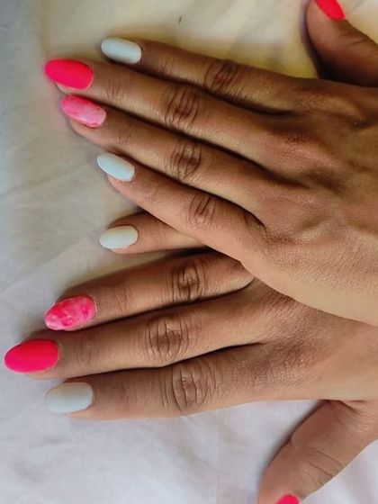 A full view of the pink and white set, a fun way to wear multiple styles at once.