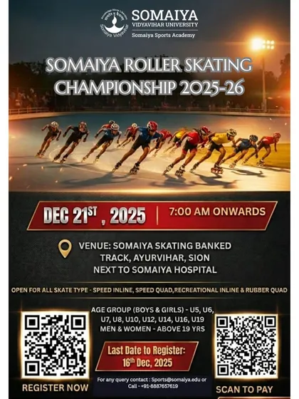 The official poster for the Somaiya Roller Skating Championship, with details on date, venue, and registration for all age groups.