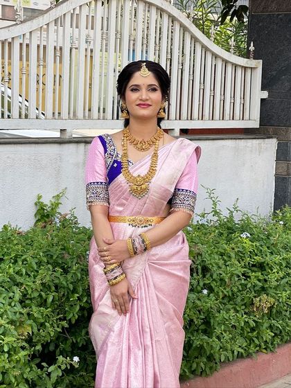 A full-length shot of Soundarya's look, showing how the makeup and hairstyle complement her traditional attire.