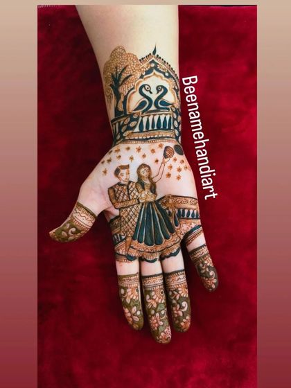 A lovely Karva Chauth portrait of a couple celebrating together, with the wife holding the chhalni. The design includes trees and peacocks on the wrist, creating a complete scene.