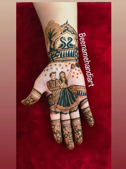A lovely Karva Chauth portrait of a couple celebrating together, with the wife holding the chhalni. The design includes trees and peacocks on the wrist, creating a complete scene.