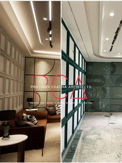 A side-by-side of the 3D render and the in-progress site photo for a living room in our Vasant Kunj project. This shows how we match the aesthetics of wall panels and lighting from the digital drawing board to the physical space.
