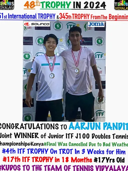 Another international trophy for the cabinet. Congratulations to Aarjun Pandit, joint winner of the Junior ITF J100 Doubles Championship in Kenya. This was his 4th ITF trophy in just three weeks.
