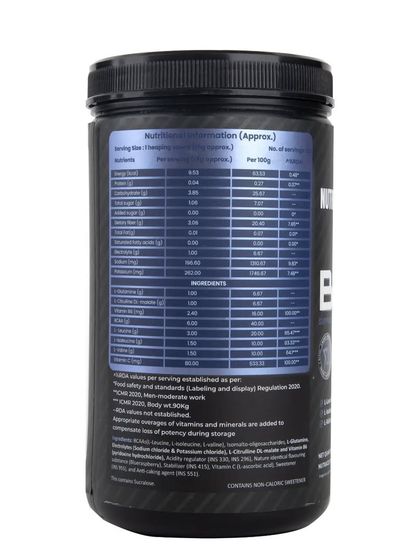 The back label of the blue raspberry-flavored BCAA powder.