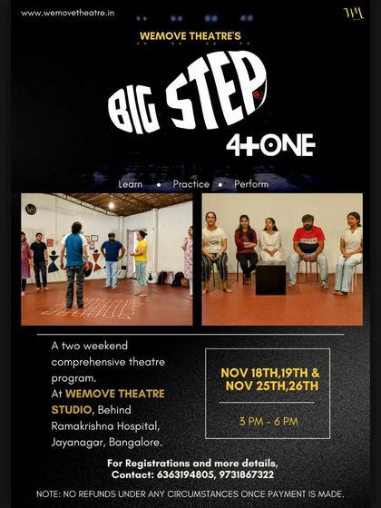 Our Big Step 4+1 program is a comprehensive two-weekend theatre experience. Learn, practice, and perform in a supportive environment at our Jayanagar studio.