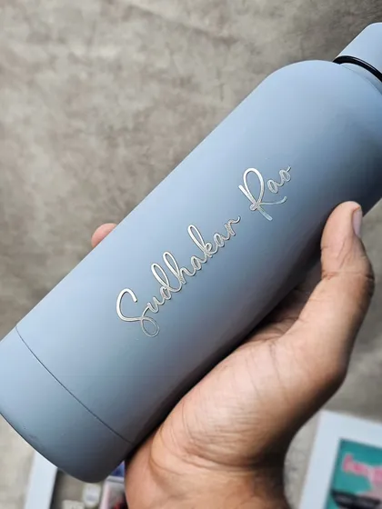 This is my popular Quench vacuum bottle, shown here in a stylish grey matte finish. I can engrave any name in this beautiful script, making a simple bottle a personal and cherished item.