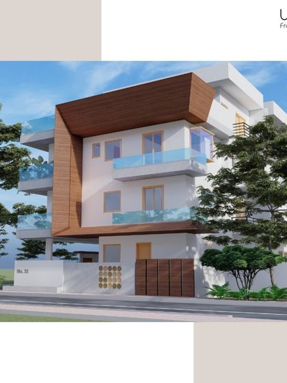An exterior 3D render for our new prestigious project in Yelahanka, showcasing modern architecture with wood and glass elements.