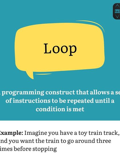 Coding Vocabulary L: Loop. A loop is a programming instruction that repeats a set of actions until a certain condition is met, like a toy train going around a track three times.