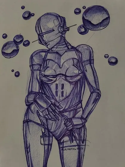 This is a full view of a ballpoint pen sketch, showing one of my mechanical character designs. I focus on clean lines, metallic textures, and a strong silhouette to create these "space age" figures. This is the kind of raw drawing that forms the base for my digital illustrations.