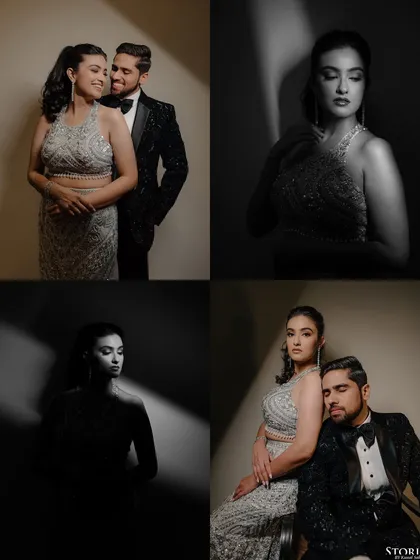 A collage of artistic black and white portraits of Sumanya and Tarun from their engagement, using shadows and light to create a dramatic effect.