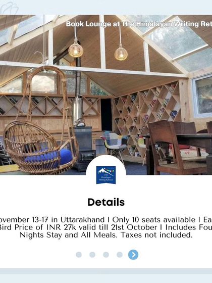 The book lounge at our retreat, featuring a hanging chair and a wood-burning stove. It's a warm and inviting space for reading, writing, and connecting with fellow book lovers.