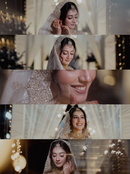 A collage of a Muslim bride's portraits, showcasing her elegance and the beautiful details of her wedding attire.