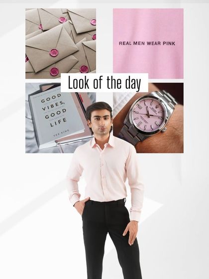 Real men wear pink. This mood board showcases a soft pink cotton shirt, a versatile piece that adds a touch of modern taste to any wardrobe. It’s all about finding the shade that suits your vibe.