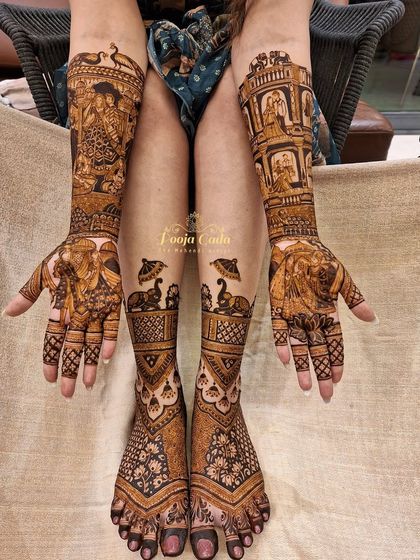 A complete bridal mehendi set, featuring heavy figure work on the arms and beautifully matching designs on the feet, creating a cohesive and stunning look.