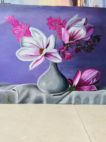 Another angle of the magnolia painting, showing the full canvas. This piece is about finding hope and beauty, just like a flower blooming.