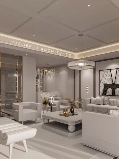 This render from the DLF Camellias project showcases the interplay of light and texture. Gold-toned metal partitions and a statement chandelier add warmth and glamour to the serene, all-white design.
