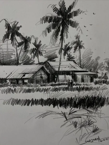 A series of my pencil landscape sketches, created as demonstrations for my online courses. These drawings explore different techniques for rendering trees, buildings, and atmospheric perspective using only graphite.