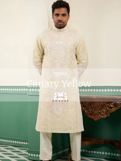 A stylized full-length shot of the canary yellow embroidered kurta.