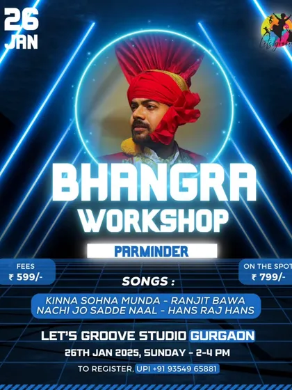 Get ready to groove Punjabi style. This poster announces one of our special Bhangra workshops with coach Parminder, where we dive into two amazing songs in one session.