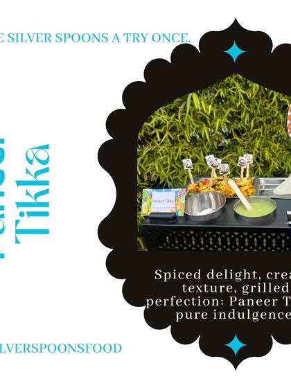 A graphic highlighting the Paneer Tikka served at a Barnyard-themed party. This dish is a great vegetarian option that is loved by both kids and adults.